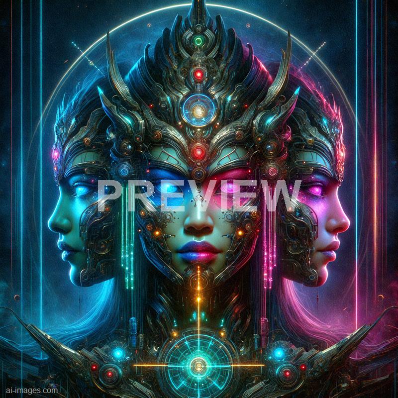 The image depicts a highly detailed, futuristic, and symmetrical digital artwork of a three-faced female cyborg or android. Each face is adorned with intricate mechanical and metallic elements, glowing with vibrant neon lights in shades of blue, pink, and green, set against a dark cosmic background filled with stars and glowing lines. The central face has luminous eyes and a serene expression, while the side faces are in profile, creating a sense of depth and complexity. The overall composition combines cyberpunk and sci-fi aesthetics with a mystical, almost spiritual aura.